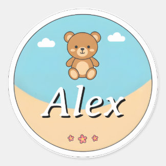 Adesivo Customizable Round Kids Name Sticker – Teddy Bear