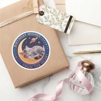 Adesivo Cute 3D Sleeping Cat on Moon Birthday Wishes Round