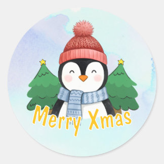 Adesivo Cute Animal Penguin Blue Watercolor Merry Xmas