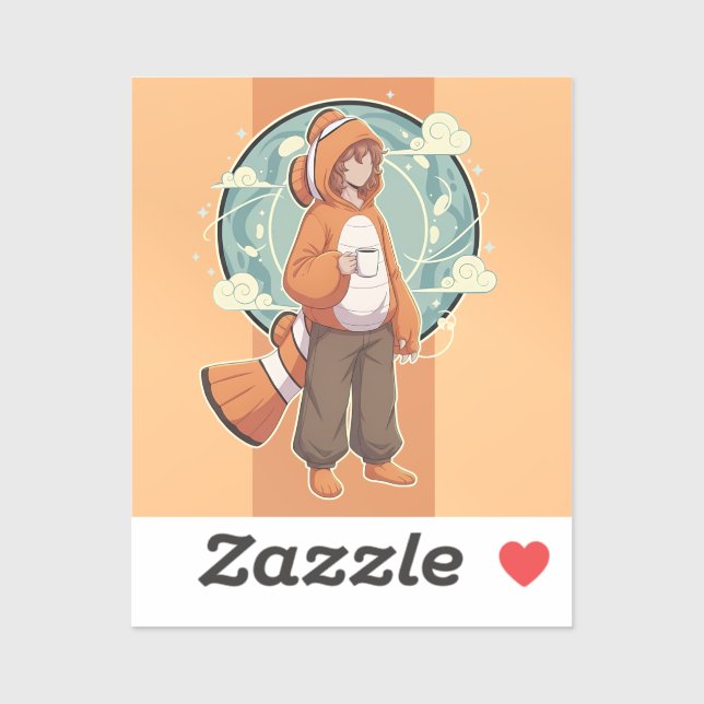 Adesivo Cute Anime Boy in Clownfish Costume drinking Coffe (Folha)