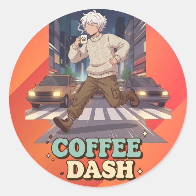 Adesivo Cute Anime Boy Running in the City with Coffee (Frente)