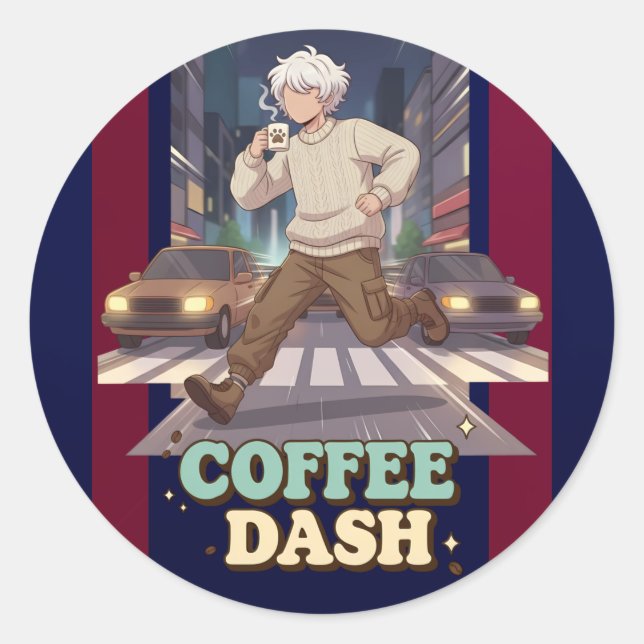 Adesivo Cute Anime Boy Running in the City with Coffee (Frente)