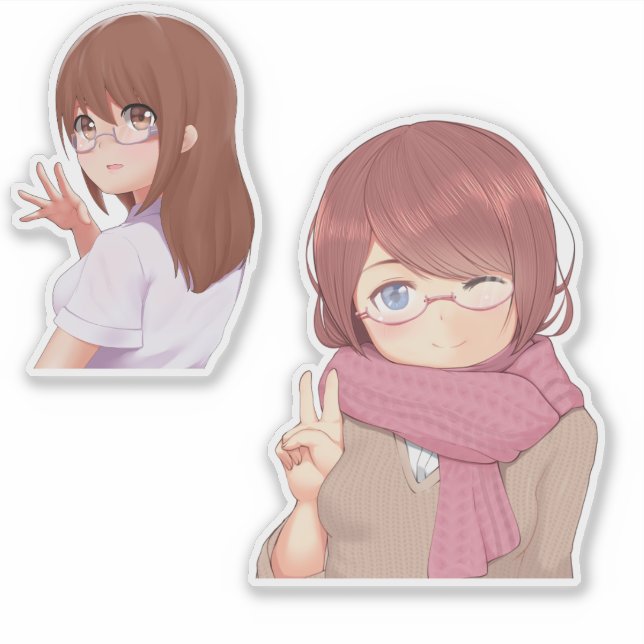 Adesivo Cute Anime Girl with Glasses Aesthetic Sticker (Frente)