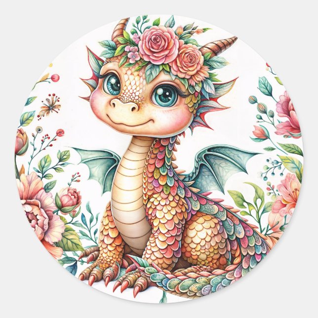 Adesivo Cute Baby Dragon Blossoms – Floral Watercolor (Frente)