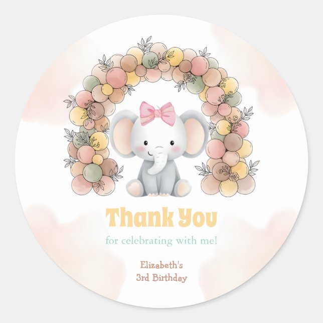 Adesivo Cute Baby Elephant Balloon Arch Birthday Thank You (Frente)