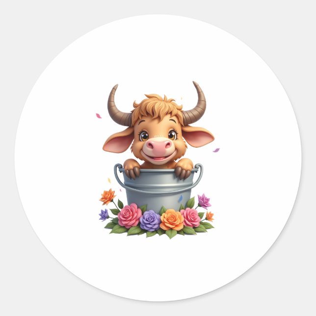 Adesivo Cute Baby Highland Cow With flowers Calf Animal co (Frente)
