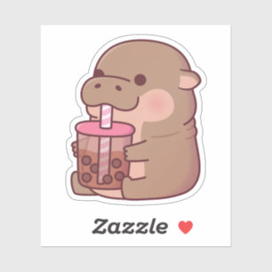 Adesivo Cute Baby Hippo Bebendo Boba Tea