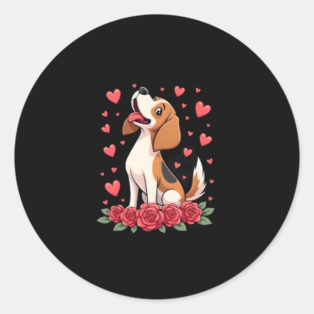 Adesivo Cute Beagle with Red Roses Hearts Floral Valentine (Frente)