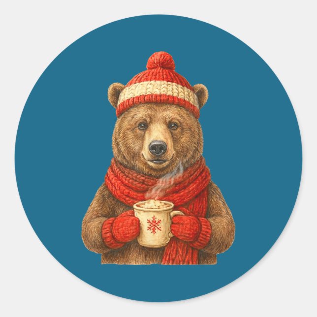 Adesivo Cute Bear With Santa Hat Coffee Lover Funny Winter (Frente)
