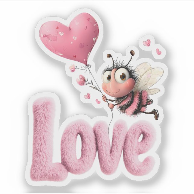 Adesivo Cute Bee Fluffy Pink Love Heart Balloon Design (Frente)