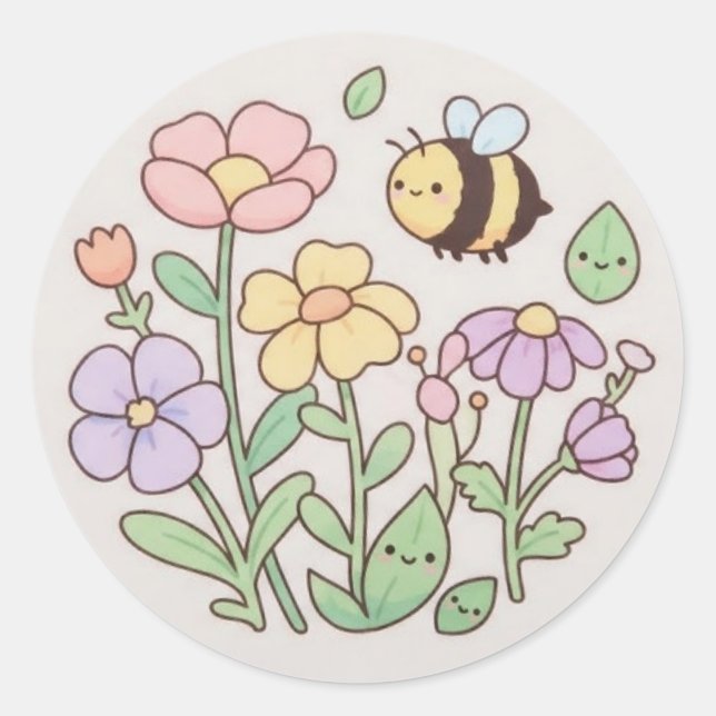 Adesivo Cute Bee & Smiling Flowers Sticker - Pastel Floral (Frente)