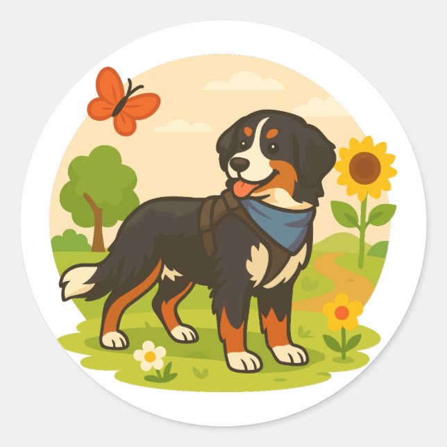 Adesivo Cute Bernese Mountain Dog with Sunflower & Butterf (Frente)