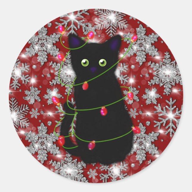Adesivo Cute black cat Meowy Christmas sparkling snowflake (Frente)