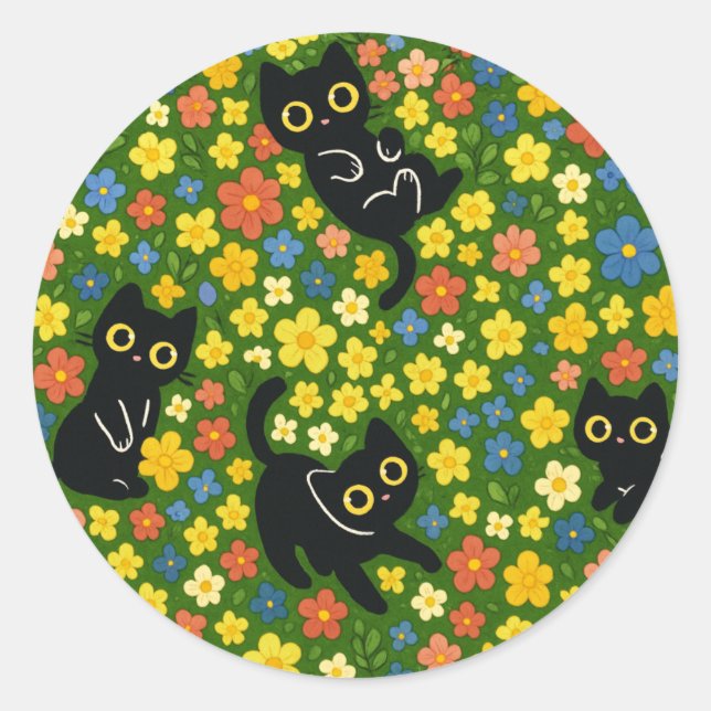Adesivo Cute Black Cats Floral Meadow Pattern (Frente)