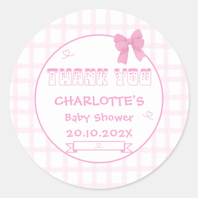 Adesivo Cute Bow Pastel Rosa Xadrez Chá de Bebê Obrigado (Frente)