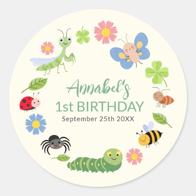 Adesivo Cute Bug Ladybug Buttefly Kids 1st Birthday  (Frente)