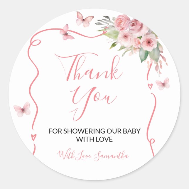 Adesivo Cute Bunny Baby Shower Girl Pink Floral Thank You (Frente)