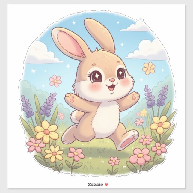 Adesivo Cute Bunny Hopping in a Flower Field (Folha)