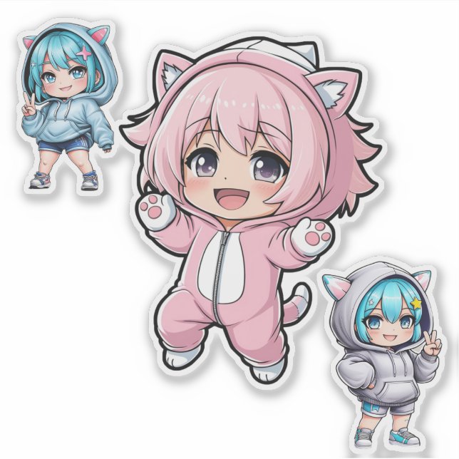 Adesivo Cute Chibi Anime Cat Hoodie Girl Vinyl Sticker (Frente)