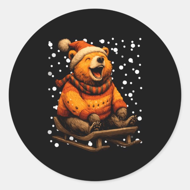 Adesivo Cute Christmas Bear Sledding In Snow Funny Winter  (Frente)