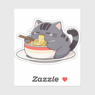 Adesivo Cute Chubby Cat Enjoying Ramen Noodles