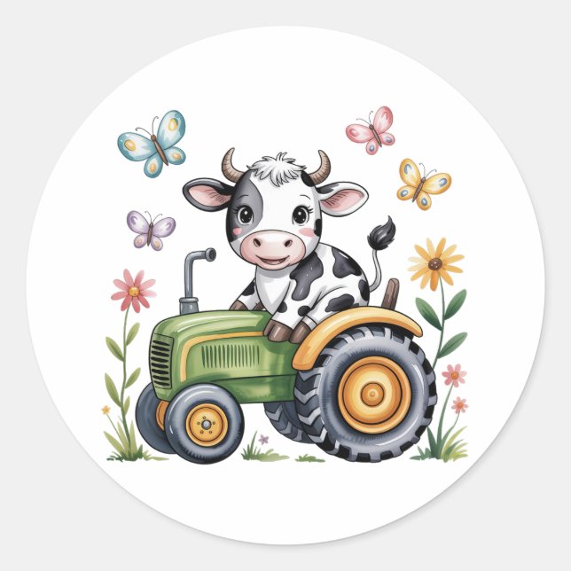 Adesivo Cute Cow on Tractor Boy Birthday Party (Frente)
