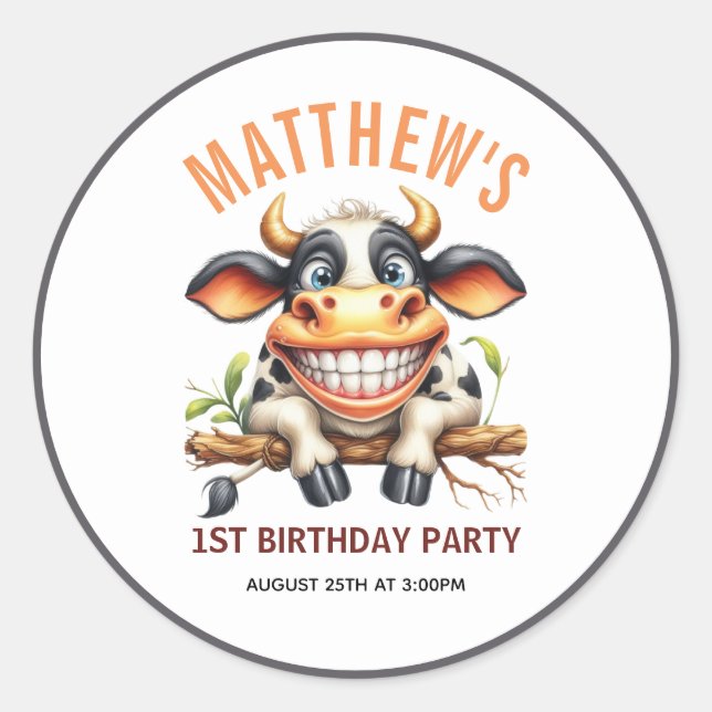 Adesivo Cute Crazy Cow Farm Theme 1st Birthday (Frente)