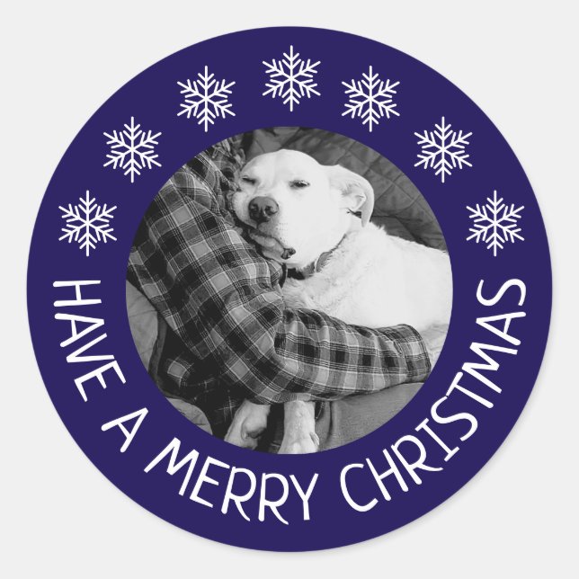 Adesivo Cute Dog with Dad Photo Merry Christmas Blue (Frente)