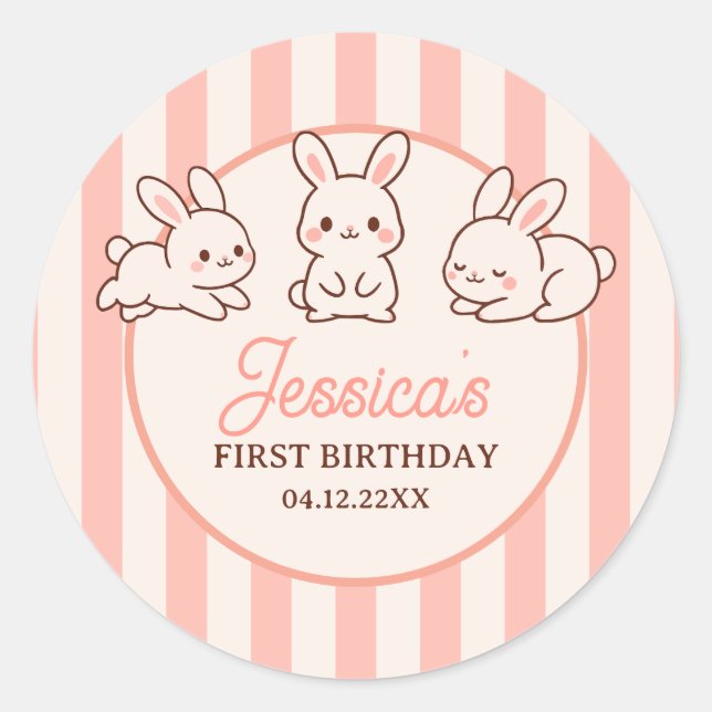 Adesivo Cute Easter Bunnies Pink Girl 1st Birthday Party (Frente)