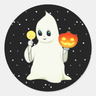 Adesivo Cute Fantasma de Halloween & Abóbora em Preto Clás