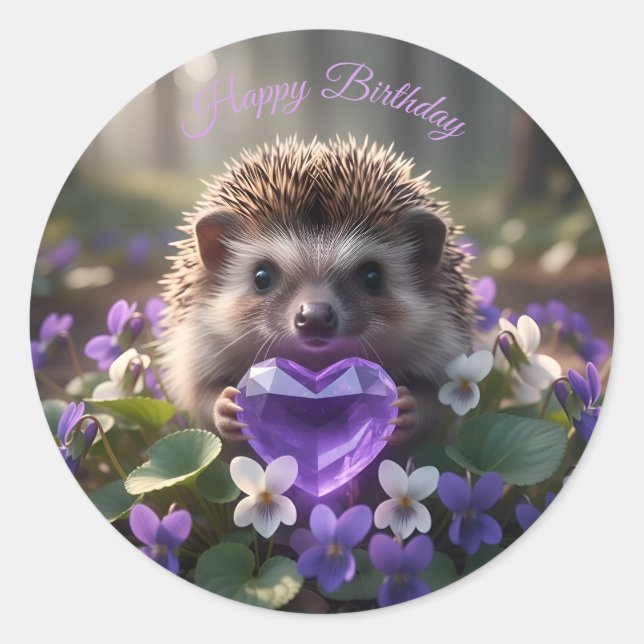 Adesivo Cute February Hedgehog with Amethyst Heart (Frente)
