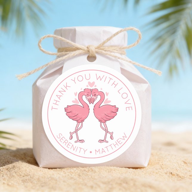 Adesivo Cute Flamingos Tropical Beach Wedding Thank You (Criador carregado)