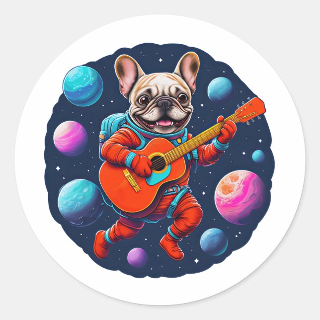 Adesivo Cute French Bulldog Astronaut Playing Guitar – Fun (Frente)