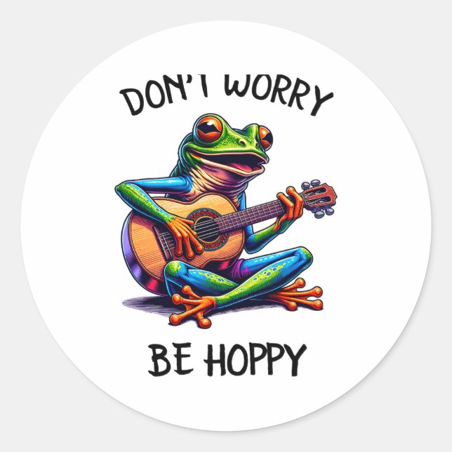 Adesivo Cute Frog Playing A Guitar Dont Worry Be Hoppy _2  (Frente)