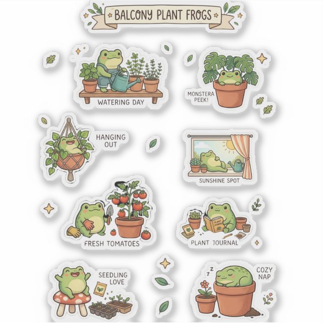 Adesivo Cute Frogs Balcony Plants Sticker Sheet (Frente)