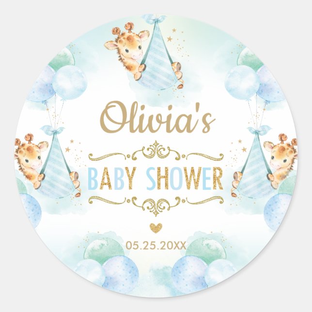 Adesivo Cute Giraffe Boy Baby Shower Obrigado Favor (Frente)
