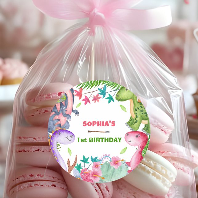 Adesivo Cute Girl Dinosaur 1st Birthday Party (Criador carregado)