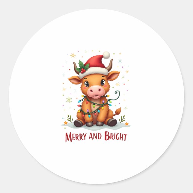 Adesivo Cute Highland Baby Cow Christmas Lights Merry & Br (Frente)