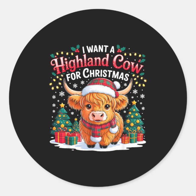 Adesivo Cute Highland Cow Christmas Funny Santa Lights Hol (Frente)