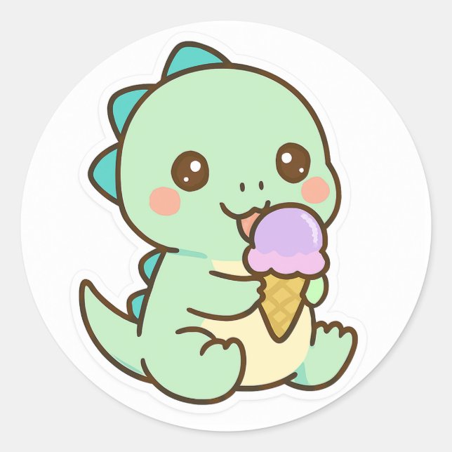 Adesivo Cute Kawaii Baby Dinosaur Eating Ice Cream Sticker (Frente)