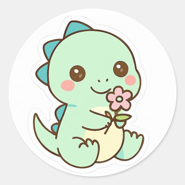 Adesivo Cute Kawaii Baby Dinosaur with Flower Sticker (Frente)