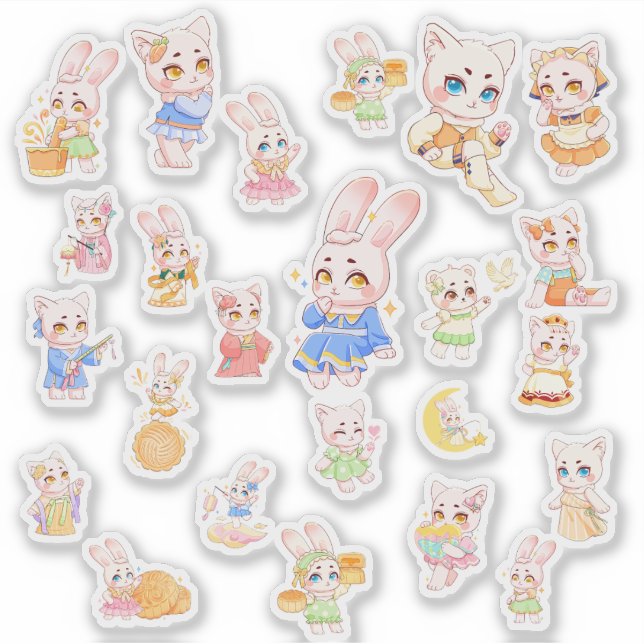 Adesivo Cute Kawaii Bunny and Cat Stickers (Frente)