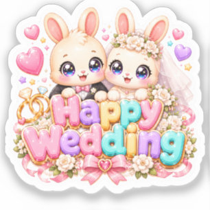 Adesivo Cute Kawaii Casal de Coelho de Casamento Feliz Ros