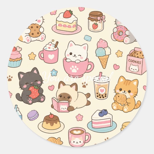 Adesivo Cute Kawaii Cat Café Pattern | Coffee and Dessert  (Frente)
