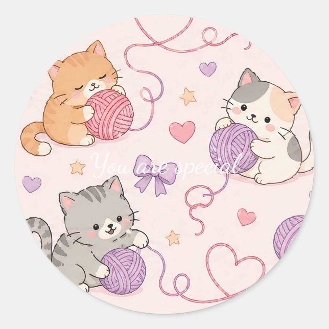 Adesivo Cute Kawaii Cat Love Yarn Pattern (Frente)