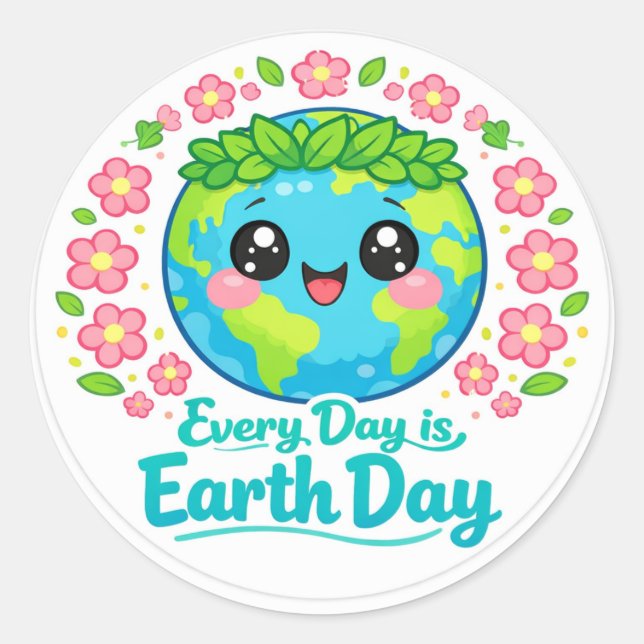 Adesivo Cute Kawaii Earth Day Round Sticker (Frente)