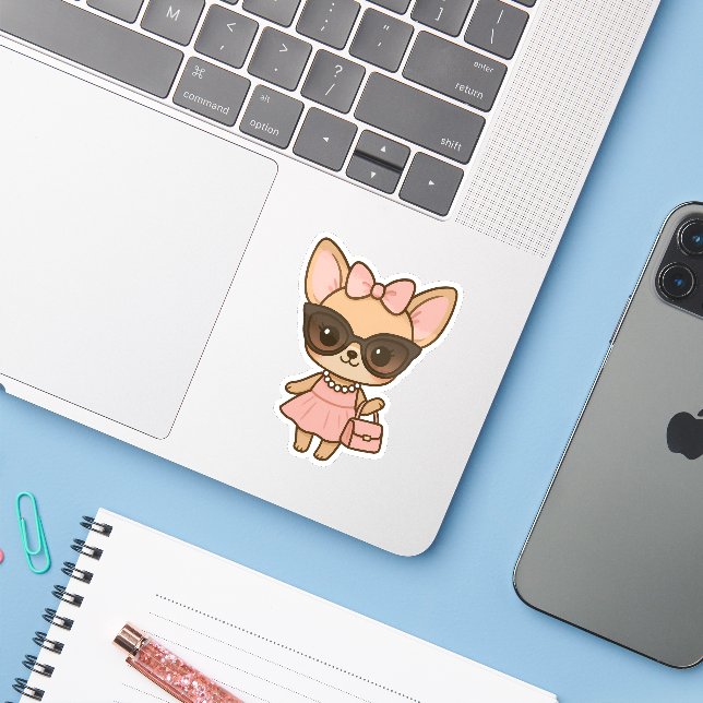 Adesivo Cute Kawaii Fashionista Chihuahua Cachorra (Notebook com iPhone)