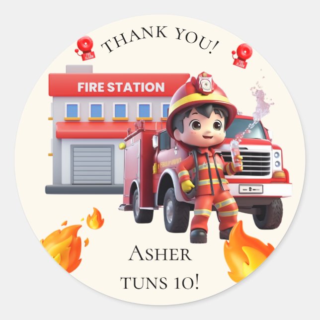 Adesivo Cute Kawaii Firefighter Boy Fire Truck Thank You (Frente)