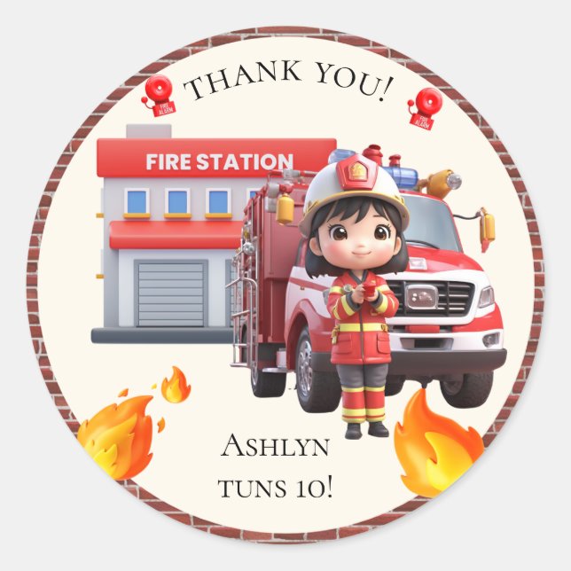 Adesivo Cute Kawaii Firefighter Girl and Fire Truck (Frente)
