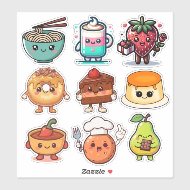 Adesivo Cute Kawaii Foods | Donut, Coffee, Ramen (Folha)